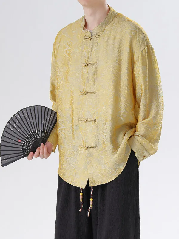 

New Chinese Sle Men's Long Sve Satin Feel Casual Loose Fit irt Stand Collar Embroidered Spring Faion Streetwear