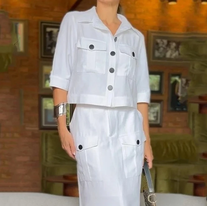 Hot selling fashionable commuting leisure suit 2024 summer new short sleeved casual new lapel solid color two-piece set