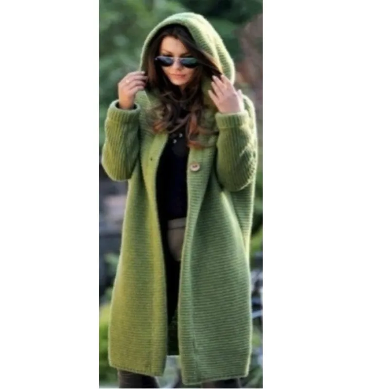 

2025 Новый женский свитер средней длины, кардиган с капюшоном, женский вязаный свитер