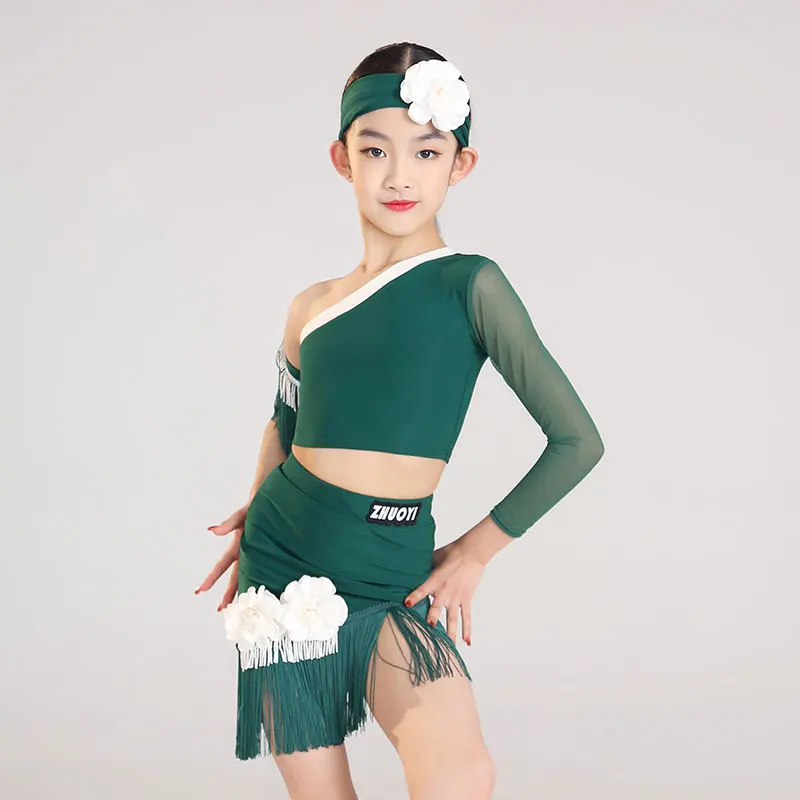 Robe de brevLatine Verte à Manches sulfpour Fille, Jupe à Pompon en Y, Vêtements de Concours de Performance Cha Cha Régions ba Samba, Chrv19