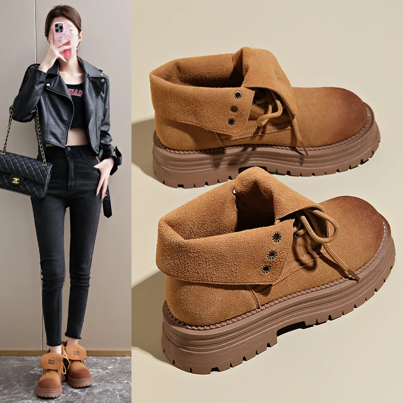 

New Women's Casual Boots British Wind Thick Sole Anti-slip Wear-resistant Increase Street Fashion Double Wear Motorcycle Boots