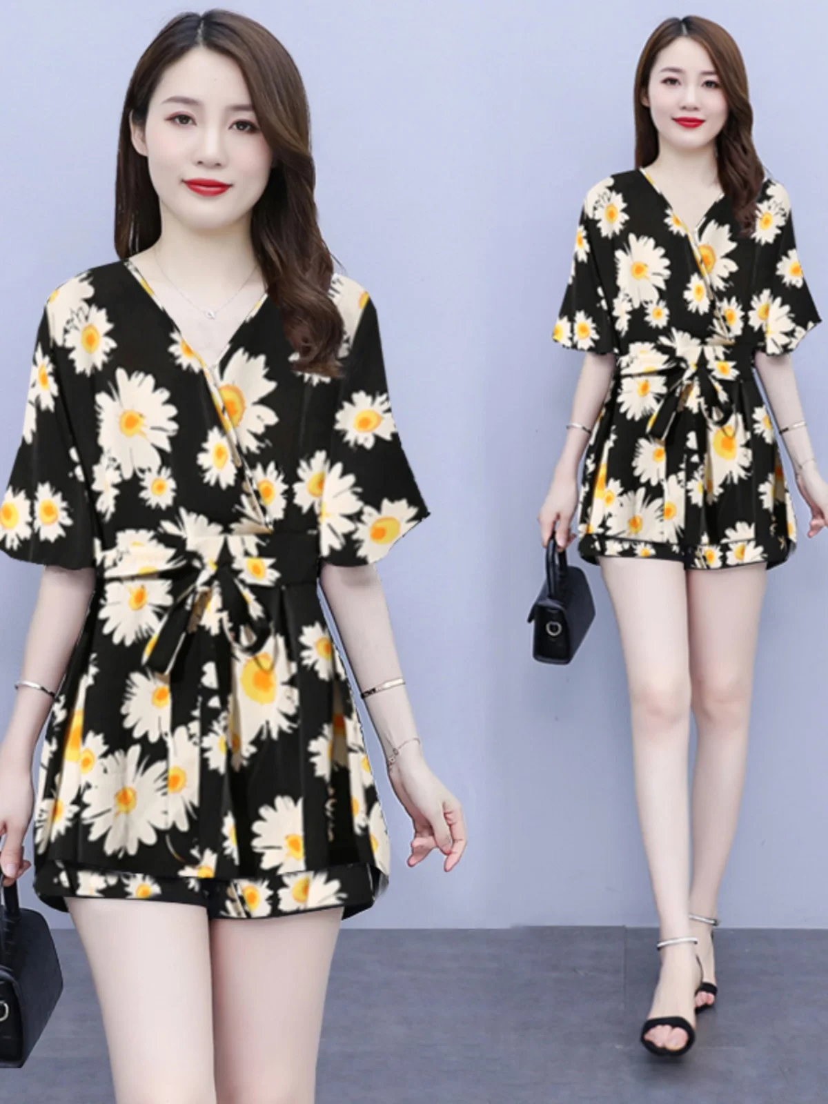 plus Size Women's Fashionable Summer Outfit Short Sleeve Chiffon Dress Slimming Top And Shorts Set for Plump MM Polyester Fabric - view 3