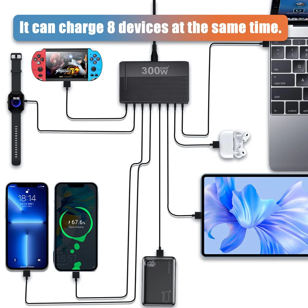 240W/300W Desktop GaN 8-port for Cellphones Quick Charger, Fast Charging Station Adapte for Iphone/Samsung/Xiaomi, LED Indicator
