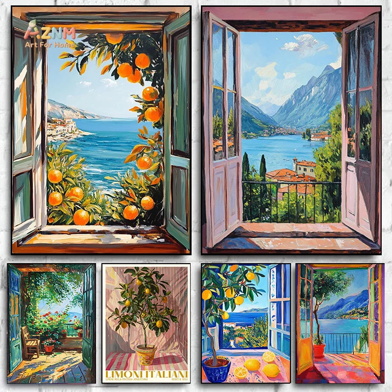 AZNM Italian Window View Canvas Wall Art,Mediterranean Lake Mountain Orange Fruit Tree Oil Painting Unframed Canvas Poster for L