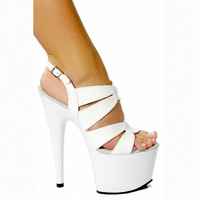 

Roman Hollow Punk Thick Platform Sandals Open Toe Stiletto Heels 17cm 7 Inch Black Buckle Stripper Pole Dance Shoes