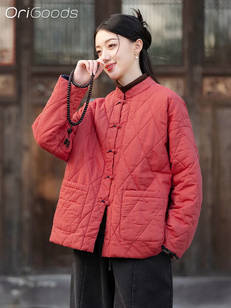 OriGoods Padded Jacket Women Chinese Style Ramie Cotton Padded Coats Winter Jackets Loose Warm Quilted Coat Top Woman 2024 C092