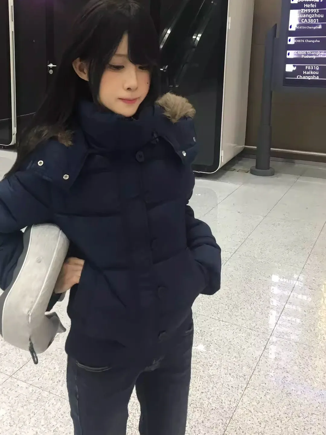 

American Sle ort Hooded down Cotton Jaet Women Winter New Thiened Warm Fur Collar Coat Korean Version Straight Cut