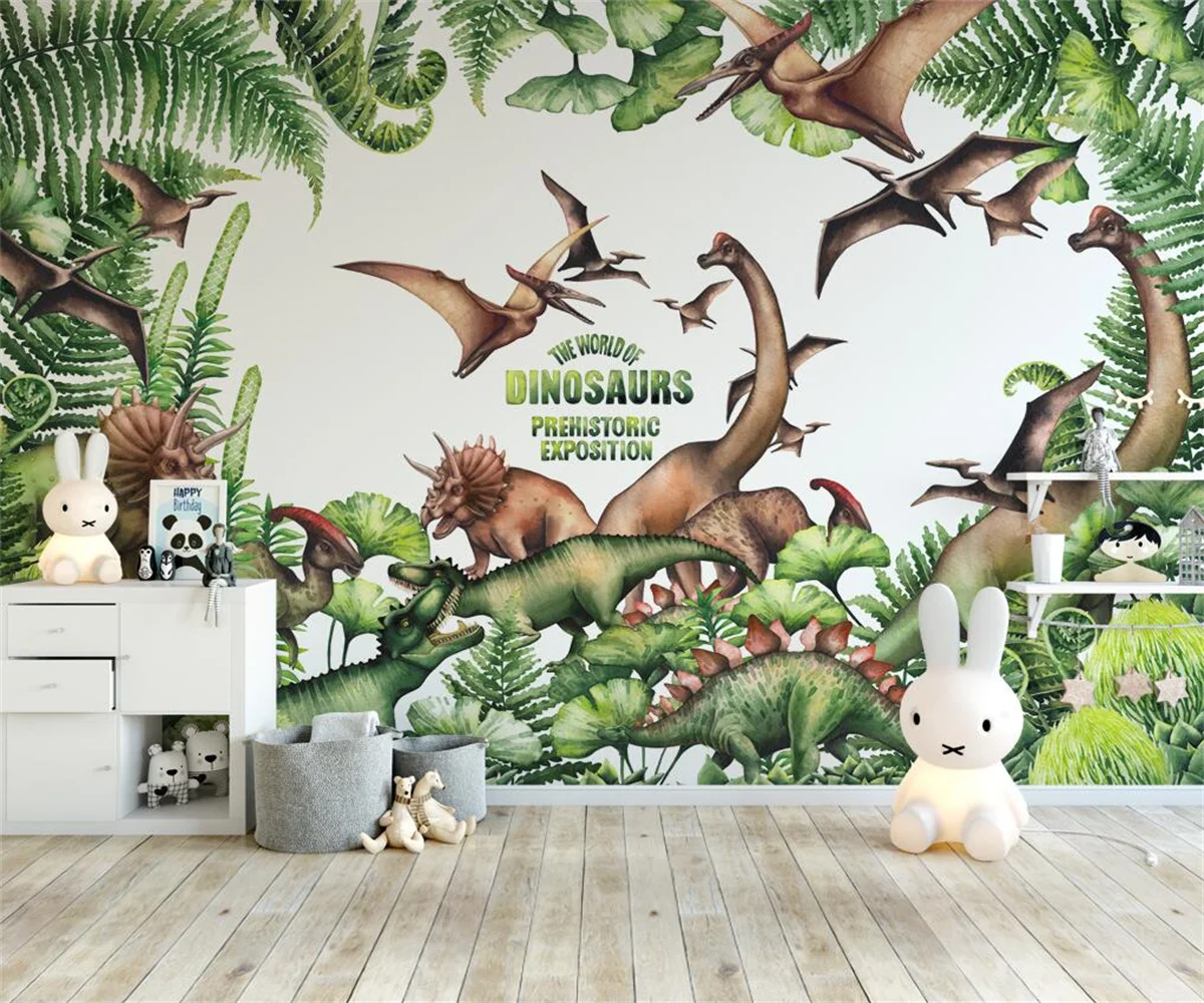 

custom mural Nordic style tropical plants cartoon dinosaur age children's room background wall wallpaper 3d wallpaper