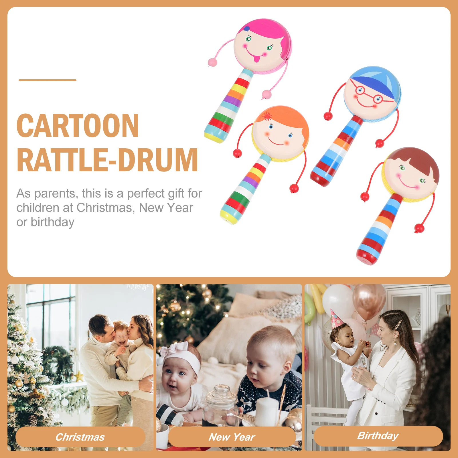 

4 Pcs Wooden Drum -drum Infant Cartoon Hand Hands-on Plaything Baby Cognitive