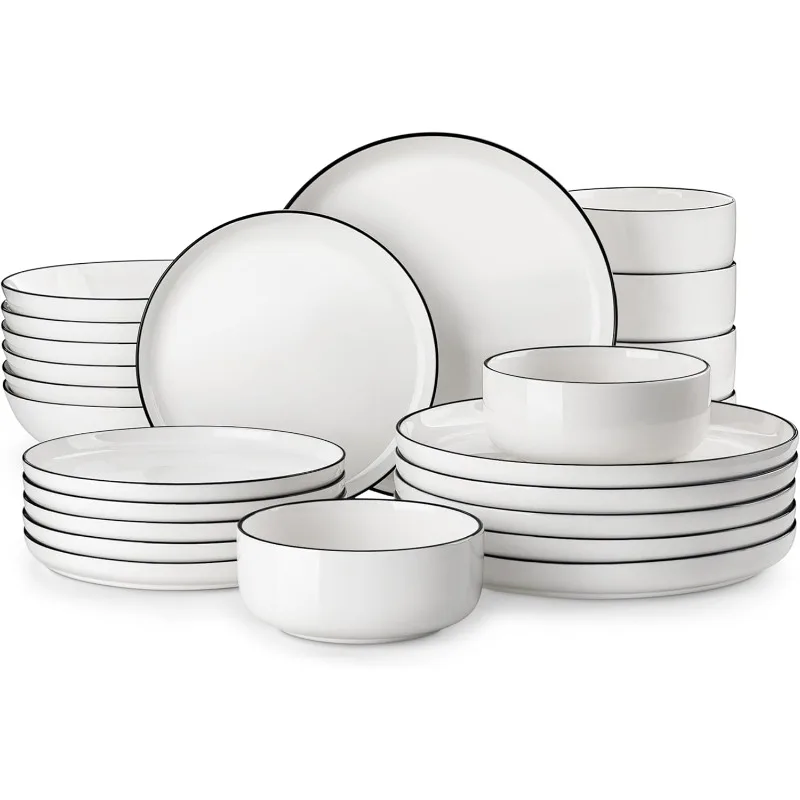 Plates and Bowls Sets, 12 Pieces Modern Porcelain Dinnerware Set for 4 White Kitchen Dinner Dining Ware Set wtih