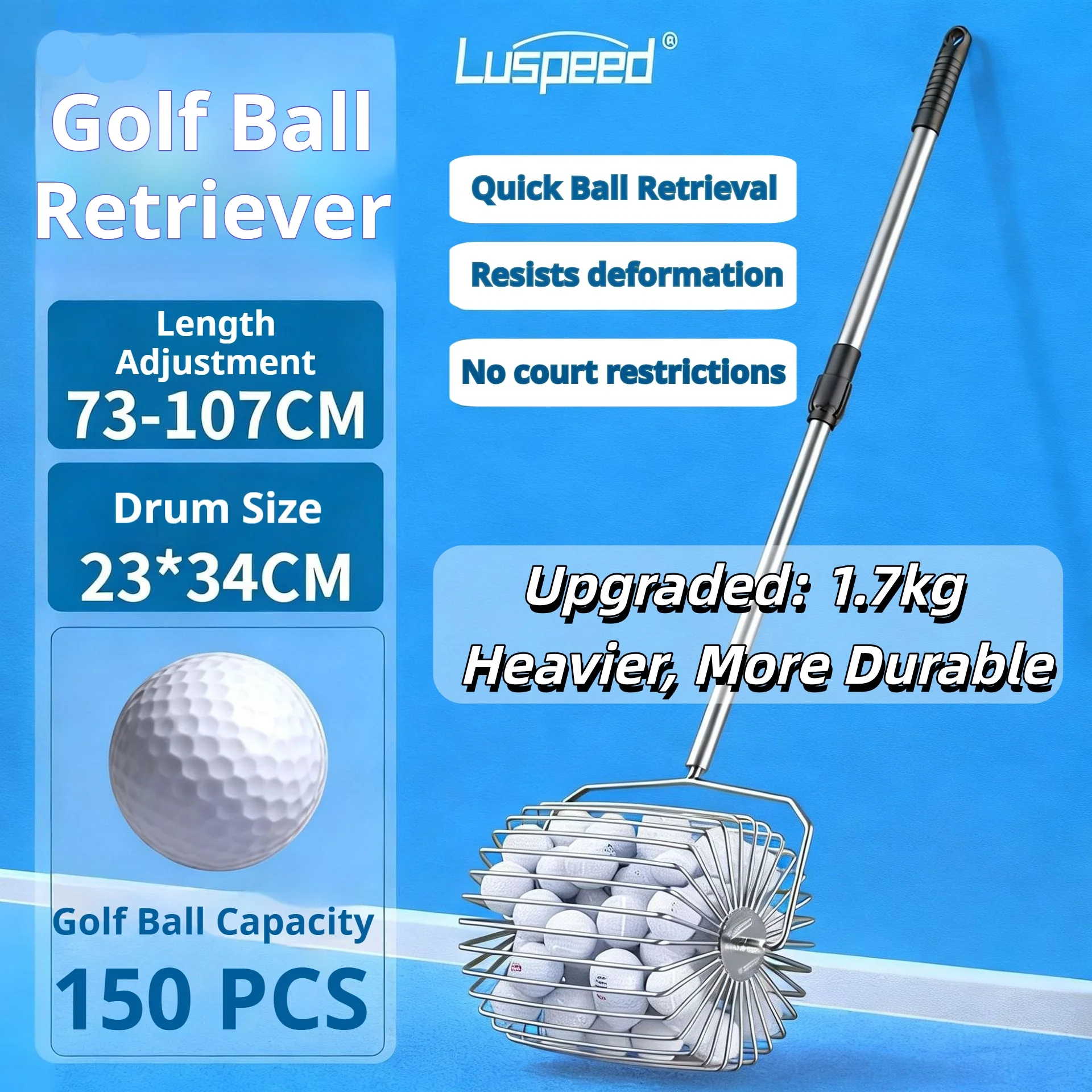 Luspeed Golf Ball Retriever, 150 Balls Large Capacity Rolling Picker, Telescopic Stainless Steel, No Bend for Practice & Range