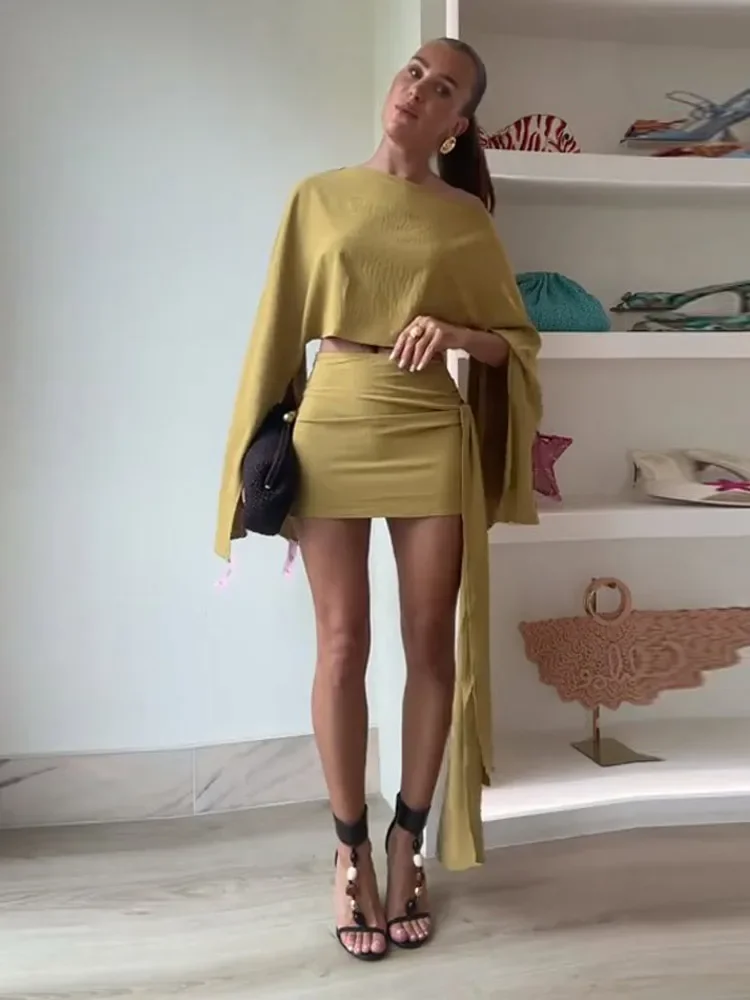 Trendy Shawl Top Mini Skirt Set Women Long Sleeved Sloping Shoulder Crop Top Slim Hip Package Skirts Summer Sexy Lady Outfit