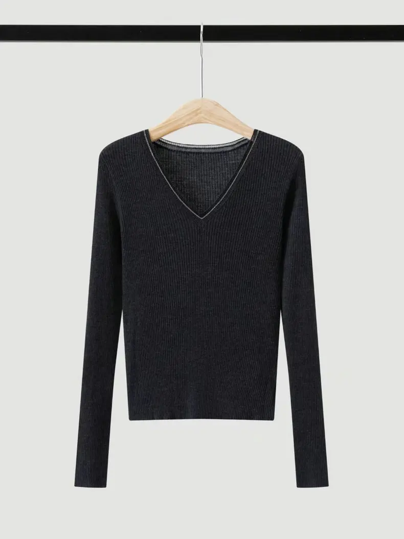 Women's 2026 Autumn Winter New Woolen Bead Chain V-neck Slimming Long Sleeve Knitted Sweater