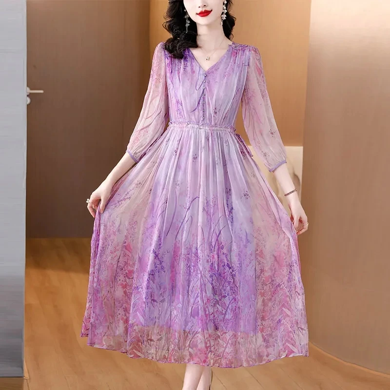 Summer Floral Silk V-Neck Long Party Dress Women Elegant Casual Beach Dress 2024 New Korean Fashion Chic Holiday Evening Dress