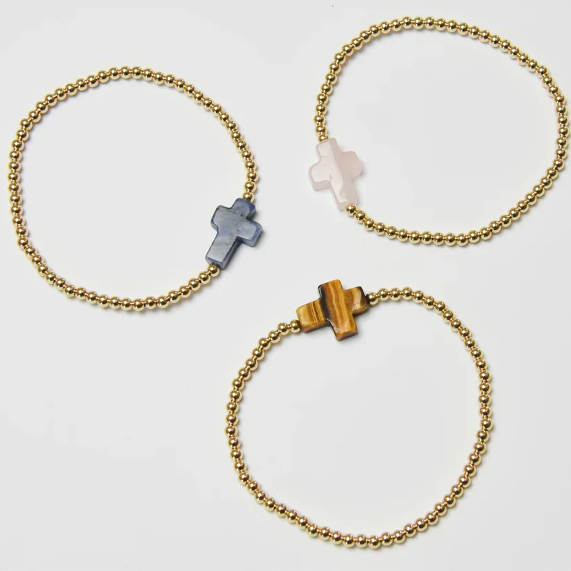 Kreuz-Armbänder für Frauen, Naturstein, 18K vergoldet, 3mm Kugelperlen, christlicher Schmuck, religiöses Geschenk, Boho, zierlich, verstellbar – Detail 3