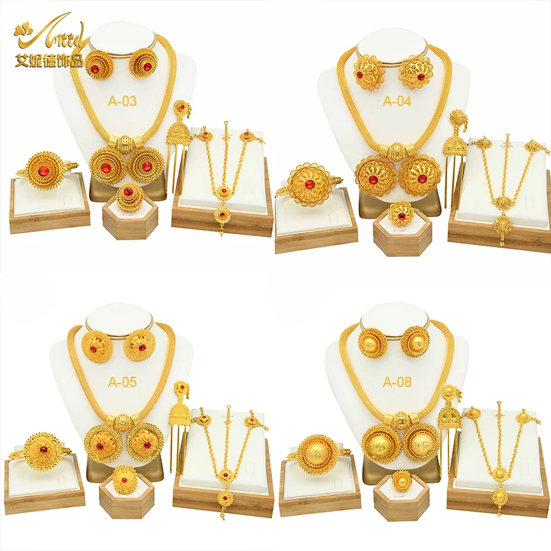 ANIID Ethiopian Gold Plated 6PCS Jewelry Set For Women Indian Red Crystal Habesha Luxury Jewellery Sets Wedding Party Gifts