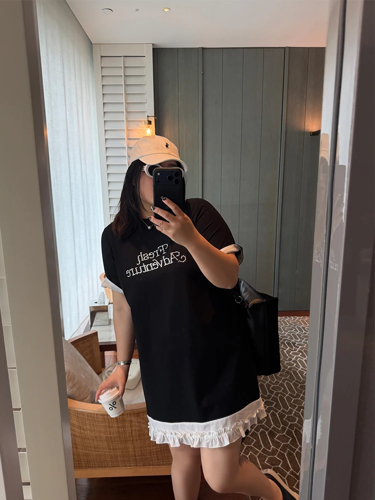 

Slimming Effect Heavy Embellishment Sequin Attracting Color Block Lace Hemline Casual Loose Fit Short Sleeve Dress