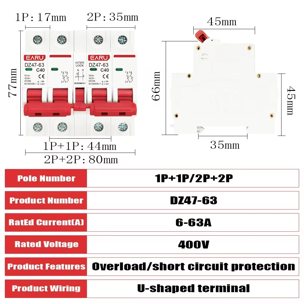 AC MCB Short Circuit Protection Overload Protection Dual Power Manual Conversion Interlock Circuit Breaker Rail Isolation Switch