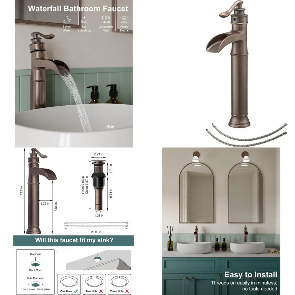 

Antique Copper Single Hole Vessel Sink Faucet with Pop-Up Drain, No Overflow, One-Handle Mixer Tap