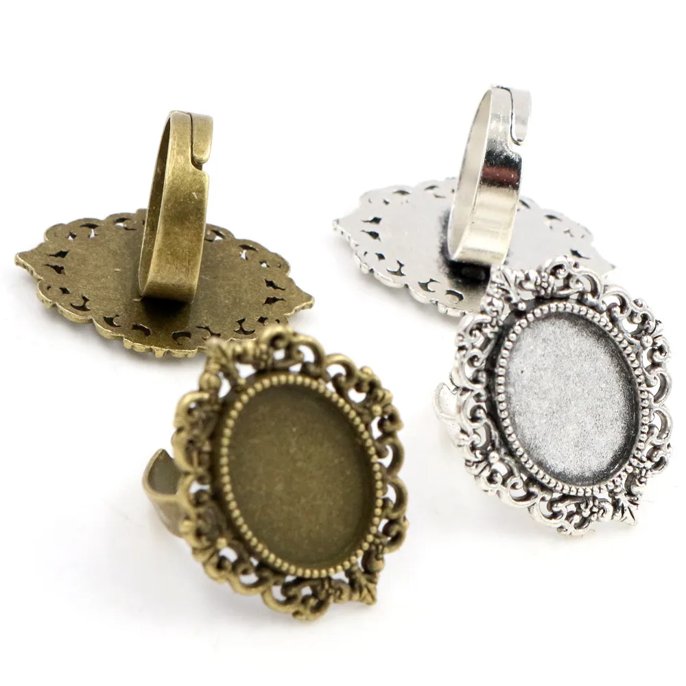 Cabochons en verre 13x18mm, 5 pièces, couleur Bronze Antique, argent plaqué, ovale réglable, réglages de bague, blanc/Base, pour Cabochons en verre 13x18mm