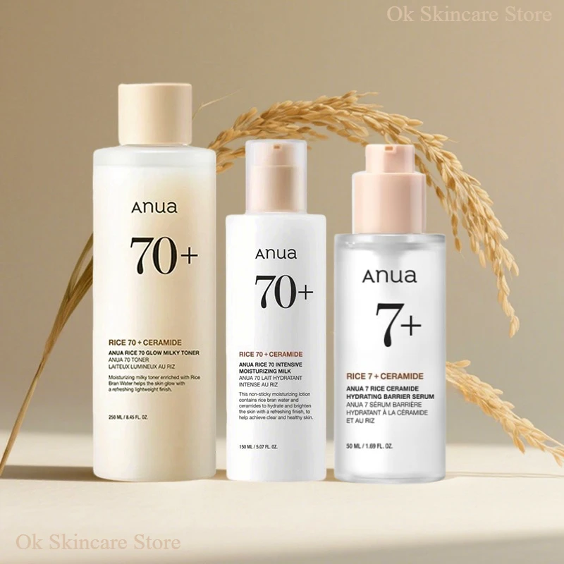 

Korean Skincare Kits ANUA Rice 70 Glow Milky Toner Face Acne Moisturizing Milk Lotion 7 Hydration Serum Daily Skin Care 3pcs Set