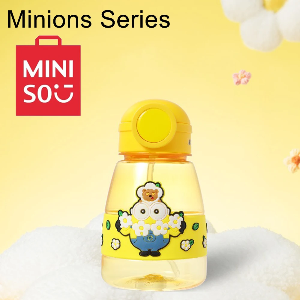 MINISO Minions Water Bottle with Straw 800ML Large Cute Kawaii Water Bottle with Strap Portable Leakproof Sports Water Bottle