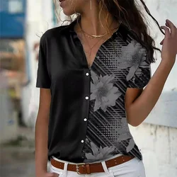 Women's Shirt Blouses Black Elegant Flower Print Button Short Sleeve Shirt Fashion Office Ladies Shirt Collar Spring & Fall Tops