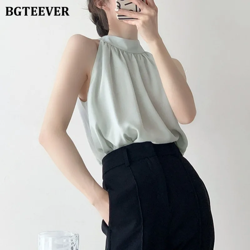 BGTEEVER Stylish Halter Women Blouses Summer Elegant Loose Sleeveless Chiffon Shirts Ladies Tops Blusas