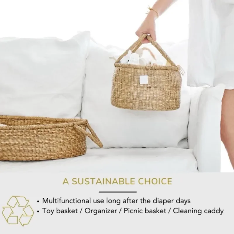 Natural Seaweed Woven Storage Basket Handmade Laundry Organizer for Baby Nursery Home Decor Portable Shopping Tote Bin