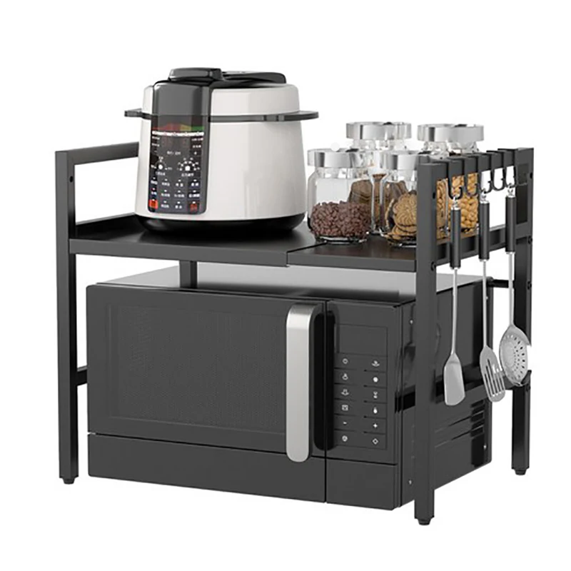 

Полка для микроволновой печи, расширяемая подставка для микроволновой печи, столешница, кухонная утварь, хранилище посуды, полка для микроволновой печи с 6 крючками