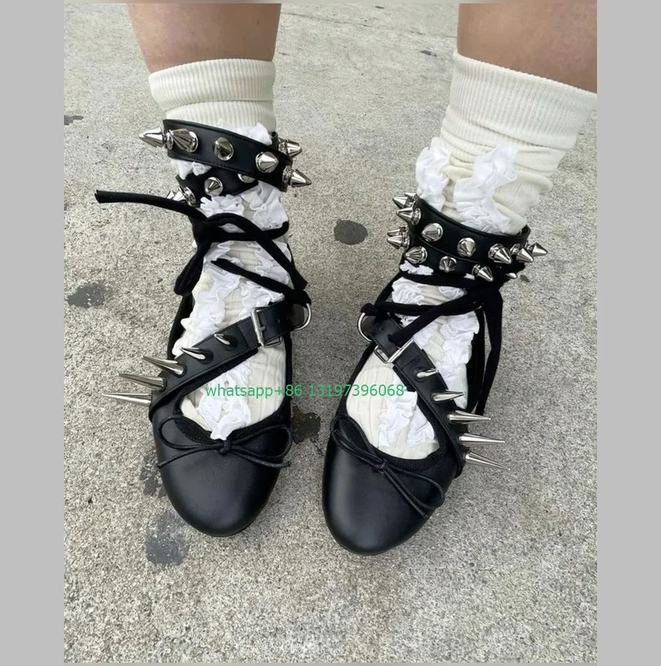 Lady punk metal punk studed design ballet shoes elegant black bowknot design shoes buckle strap metal rievt shoes size 35-46