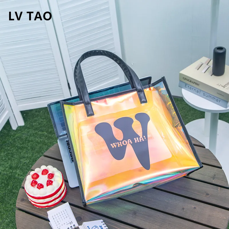 Custom Tote Bag Add Your Print Original Design Zipper Fashion Bags Large Capacity Clear Holiday Beach Travel Shoulder Laser Bag