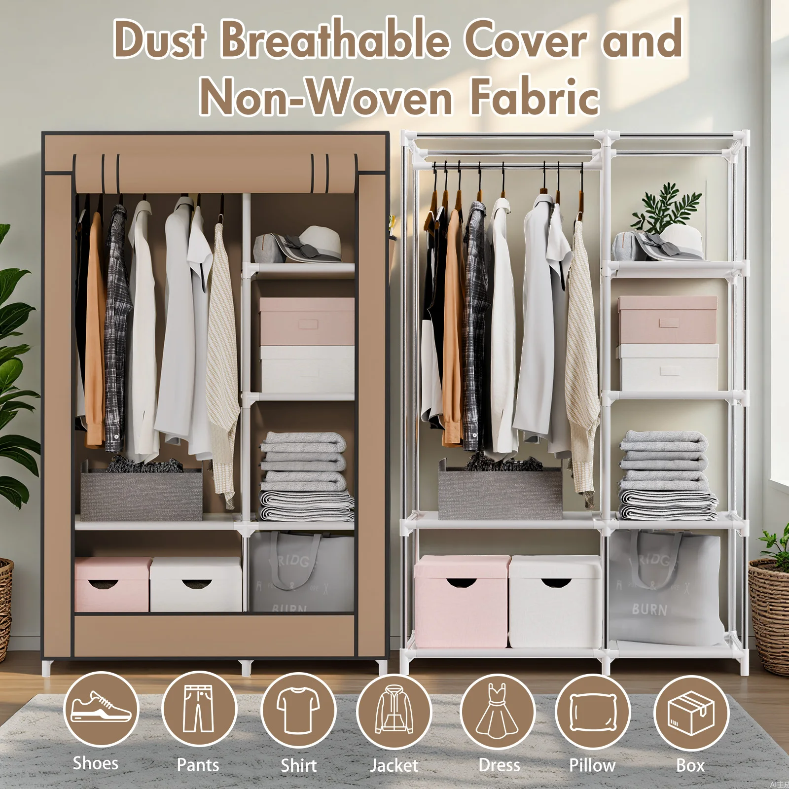 Portable Closet Wardrobe Organizer Storage Rack with 6 Shelves 1 Hanging Rod 4 Side Pockets No-Assembly for Bedroom Living Room