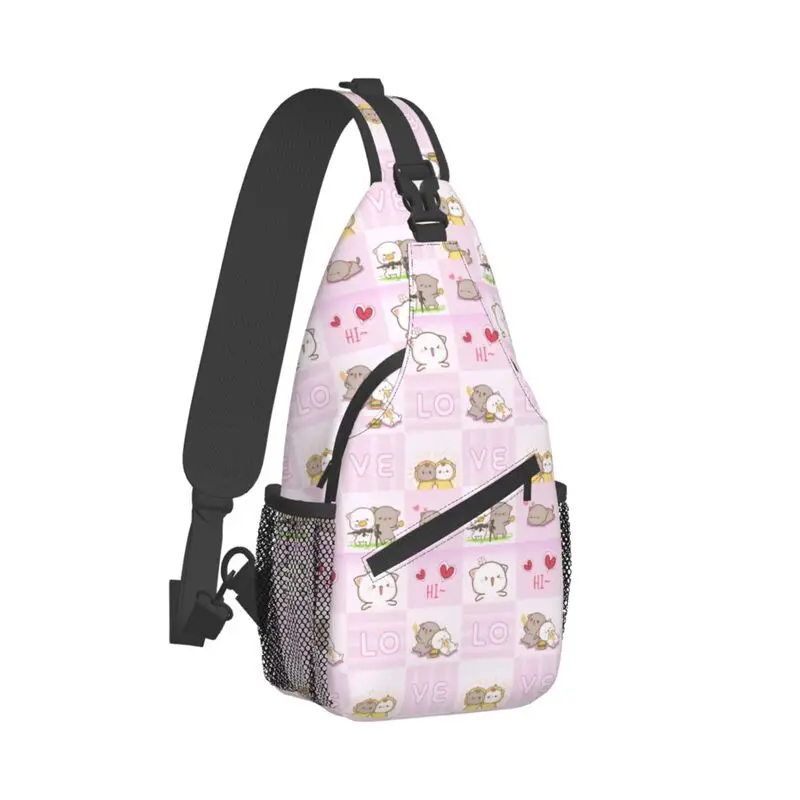 Mochila Crossbody Peach e Goma Sling para homens, Mochi Cat dos desenhos animados personalizados, bolsa de ombro no peito para ciclismo, mochila camping