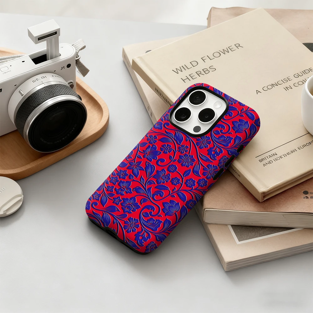 Luxo vermelho & azul florais caso de telefone para iphone 17 16 15 14 13 12 11 pro max air plus luxo dupla camada capa traseira