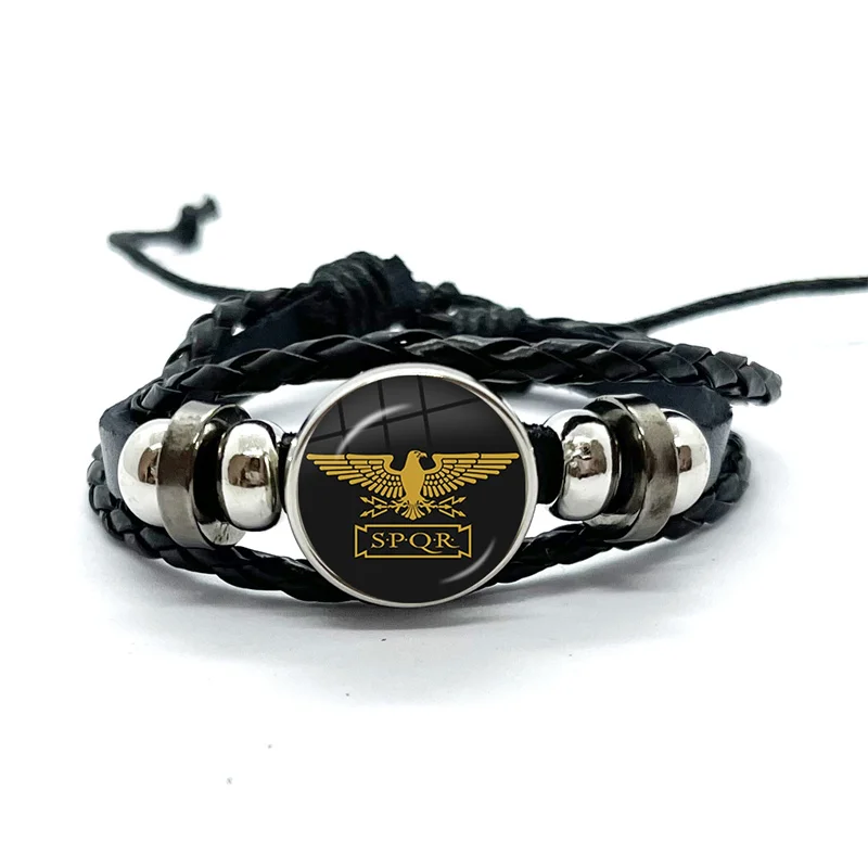 Spqr Roman Empire Legions Black Leather Bracelets Glass Dome Multilayer Braided Bangles Jewelry Gifts