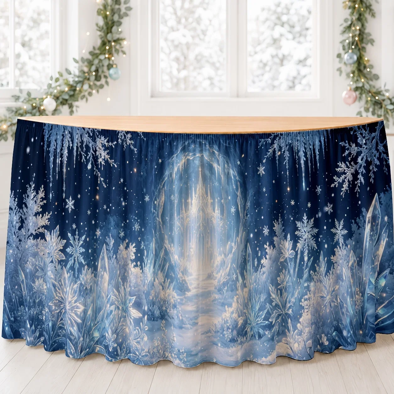 One tablecloth. Snow and Ice Adventure - Snowflake Castle Ice Crystal Pattern. Polyester. Frozen Wonderland.xzj
