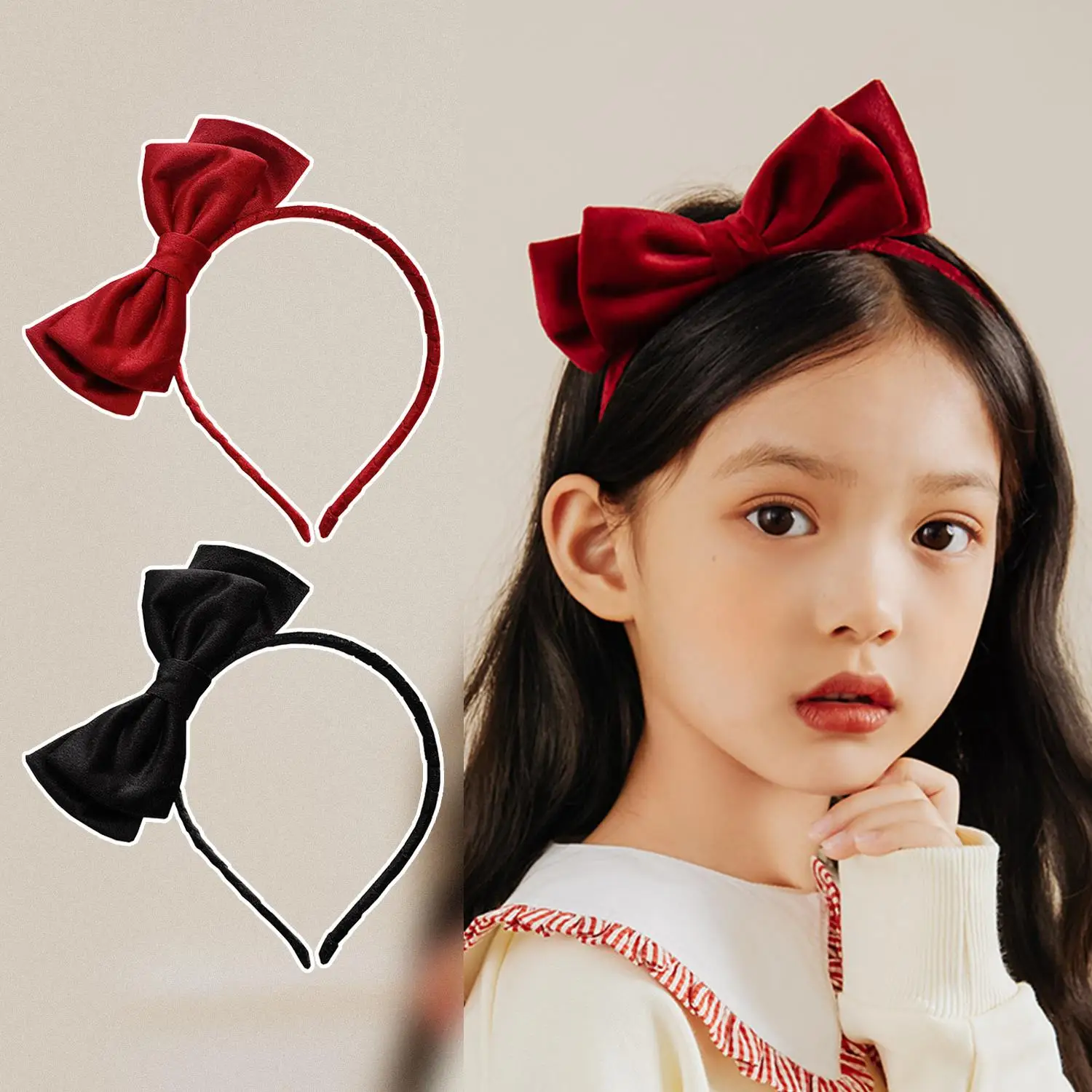 

New Double Velvet Bow Headband Children Cute Red Black Hair Hoop Bands Accessories Girl Simple Scrunchy Fashion Headdress