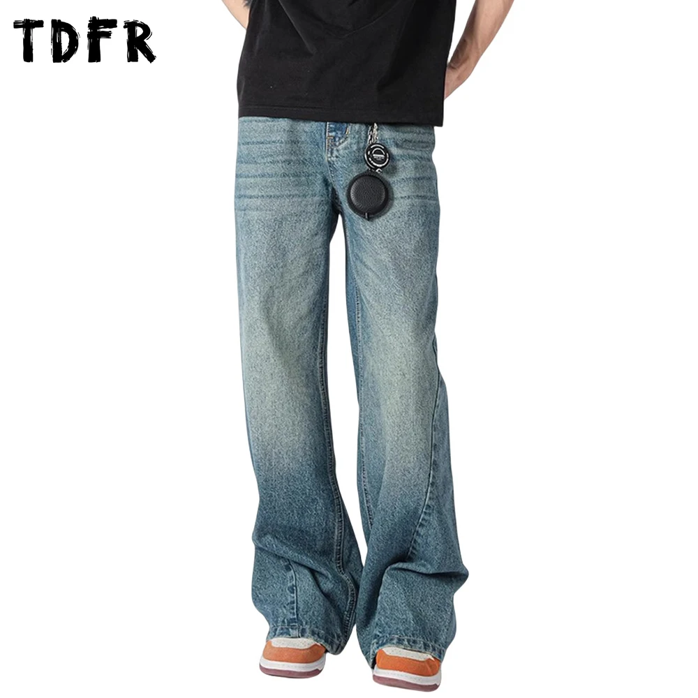 Washed Distressed Moustache Effect Jeans Mens Retro Streetwear Loose Spliced Wide Leg Denim Pants Men