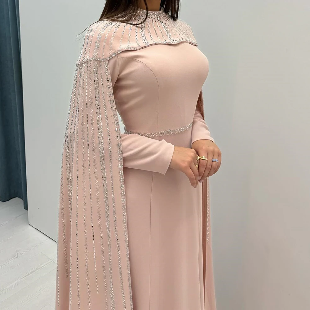 맞춤형 A라인 이브닝 드레스 바닥 길이 하이넥 긴 소매 프롬 가운 패션 스팽글 스톨 심플 드레이프 파티 가운