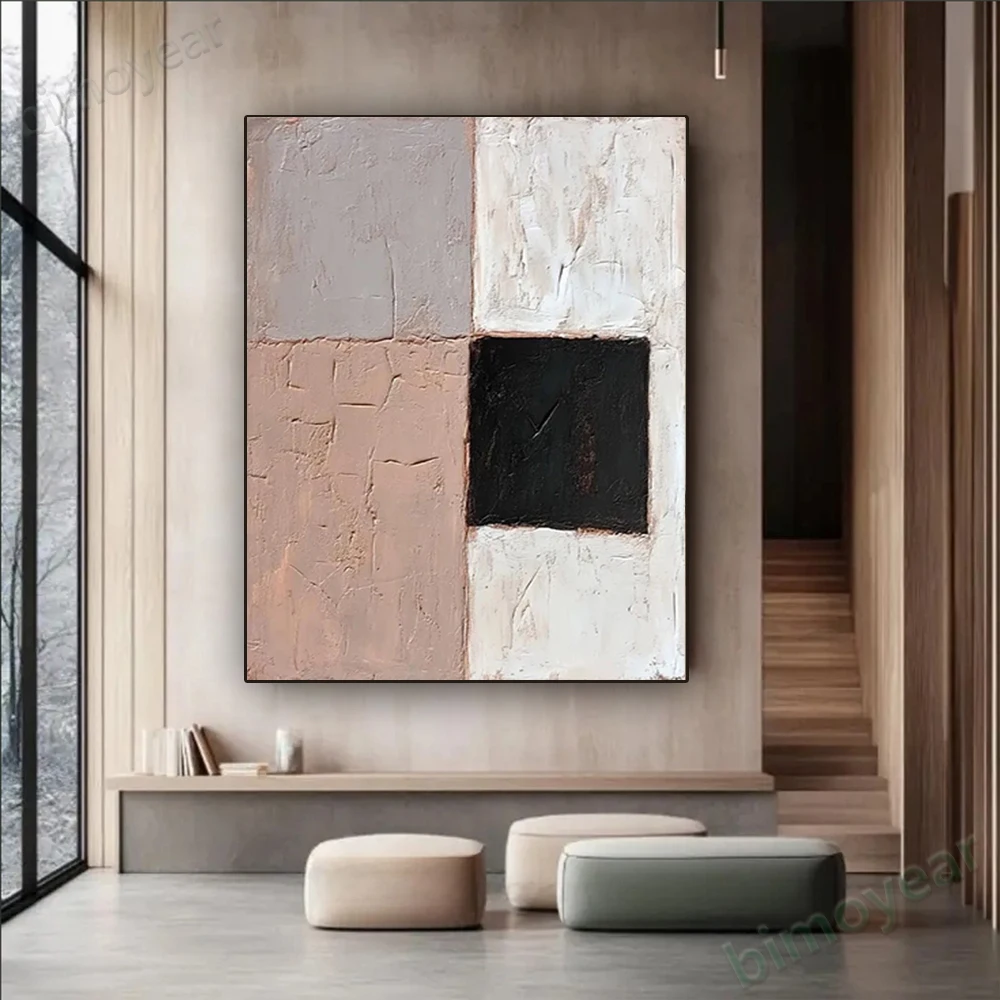 

100% hand drawn black, white, and brown blocks abstract oil painting original wall painting home living room decoration paint in
