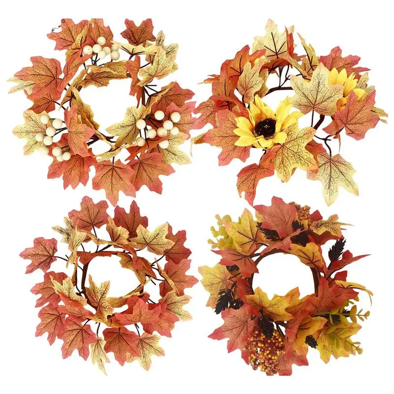 Fall Candle Rings Artificial Maple Leaves And Berries Candle Rings Candle Rings For Pillar Candle table decor Small Wreath props