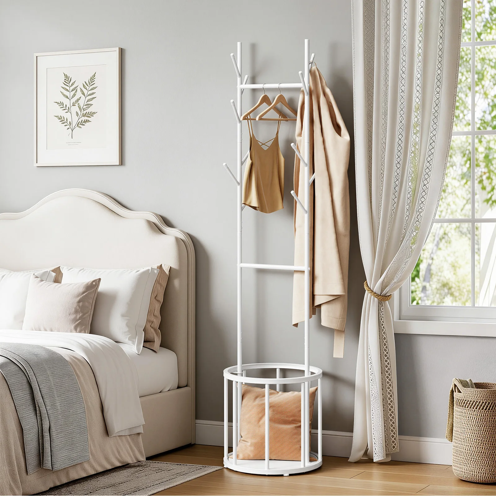 WOLTU Wohnzimmer-Kleiderständer in Baumform mit Aufbewahrungskorb, 12 Haken, platzsparender Garderobenständer für Flur und Schlafzimmer