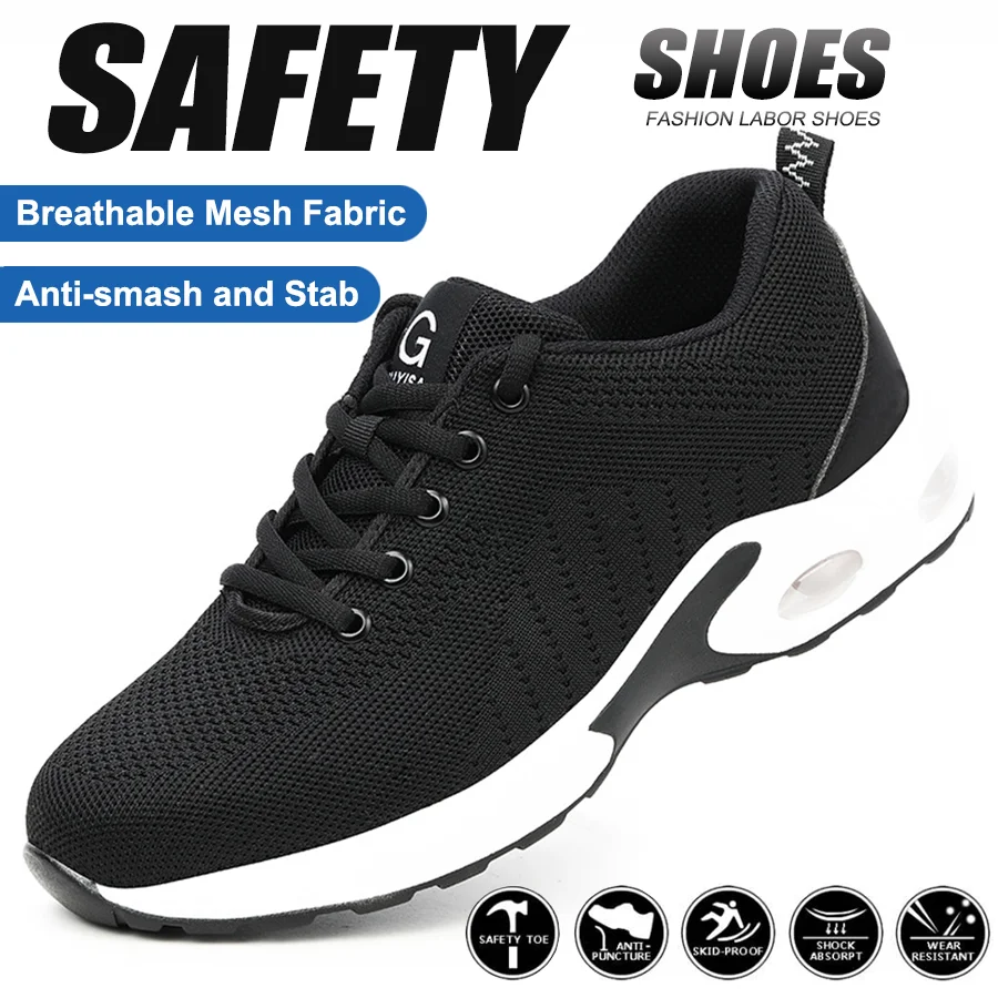 

Black Steel Toe Cap Anti-Smash Work Sneakers Safety Shoes Men Indestructible Safety Boots Comfortable Breathable Work Shoes