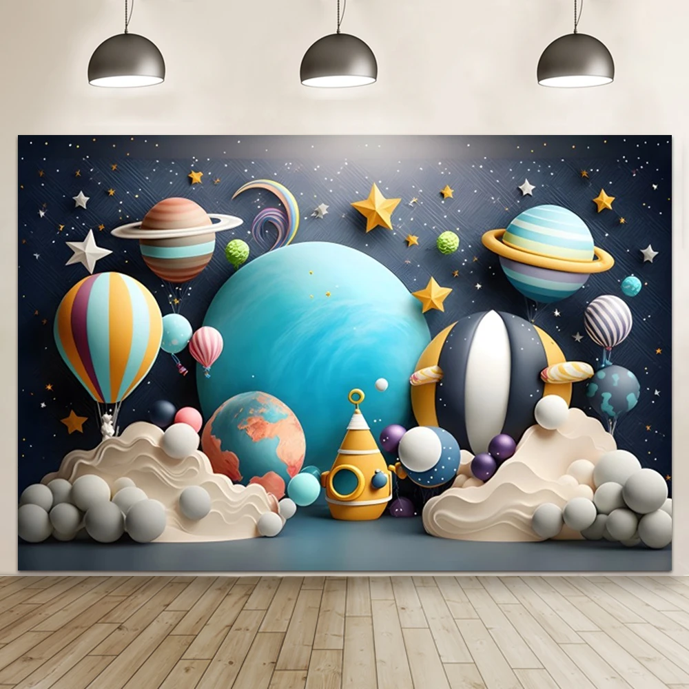 Niebieski statek kosmiczny chłopiec 1. urodziny tło 3D balon na ogrzane powietrze kreskówka astronauta ciasto zgniatanie tło fototapety do studia