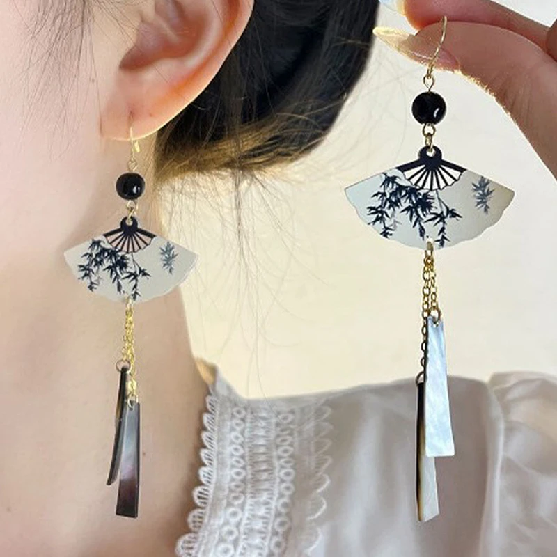 1Pair Chinese Style Vintage Fan Pendent Long Tassel Earrings National Style Temperament Earrings For Women Girls Jewelry Gifts