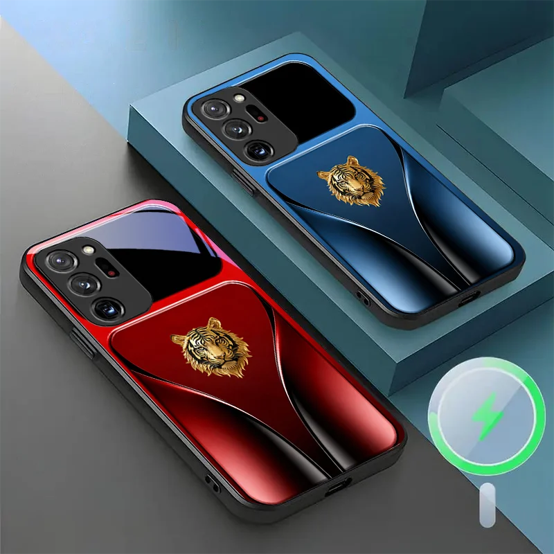 

For Samsung S 23 25 24 21 Ultra 22 26 Magnetic Glass Phone Case Golden Tiger Head Men Women Business Dust Cover