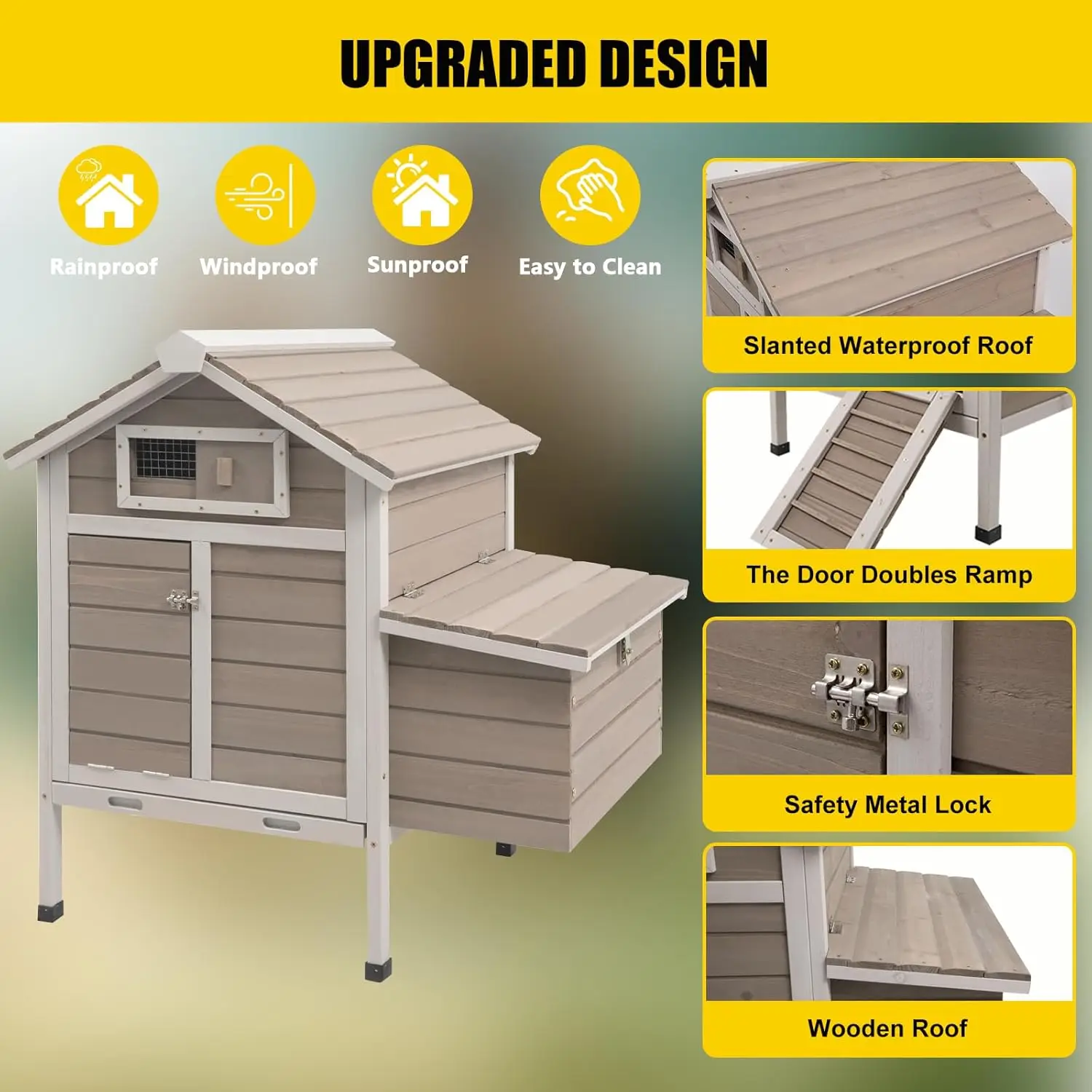 Petscosset Chicken Coop with Nesting Box, Hen House with Ramp Outdoor Poultry Cage with Pull Out Tray