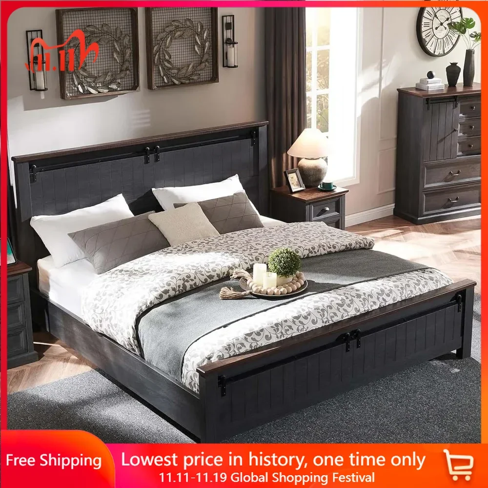 

Queen Bed Frame with 47" Headboard, Bed Frame with Sliding Barn Door，Wood Slats Support, No Box Spring Needed，Wood Bed Frame