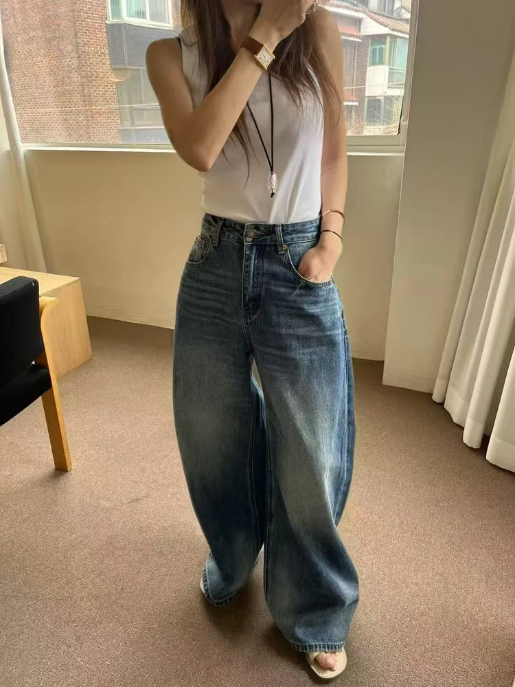

Washed Vintage High Waist Knife Jeans Bashaida Korean Style mid Rise Wide Leg Zipper Closure Casual Summer Denim Pants